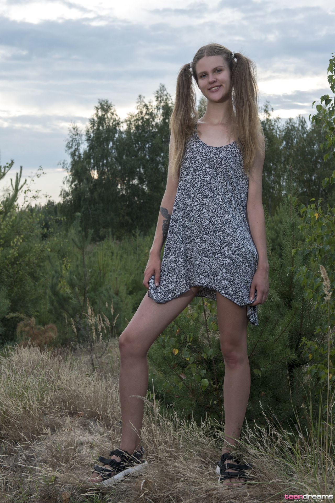 Rosa in a flowered dress naked outdoors (103) TD